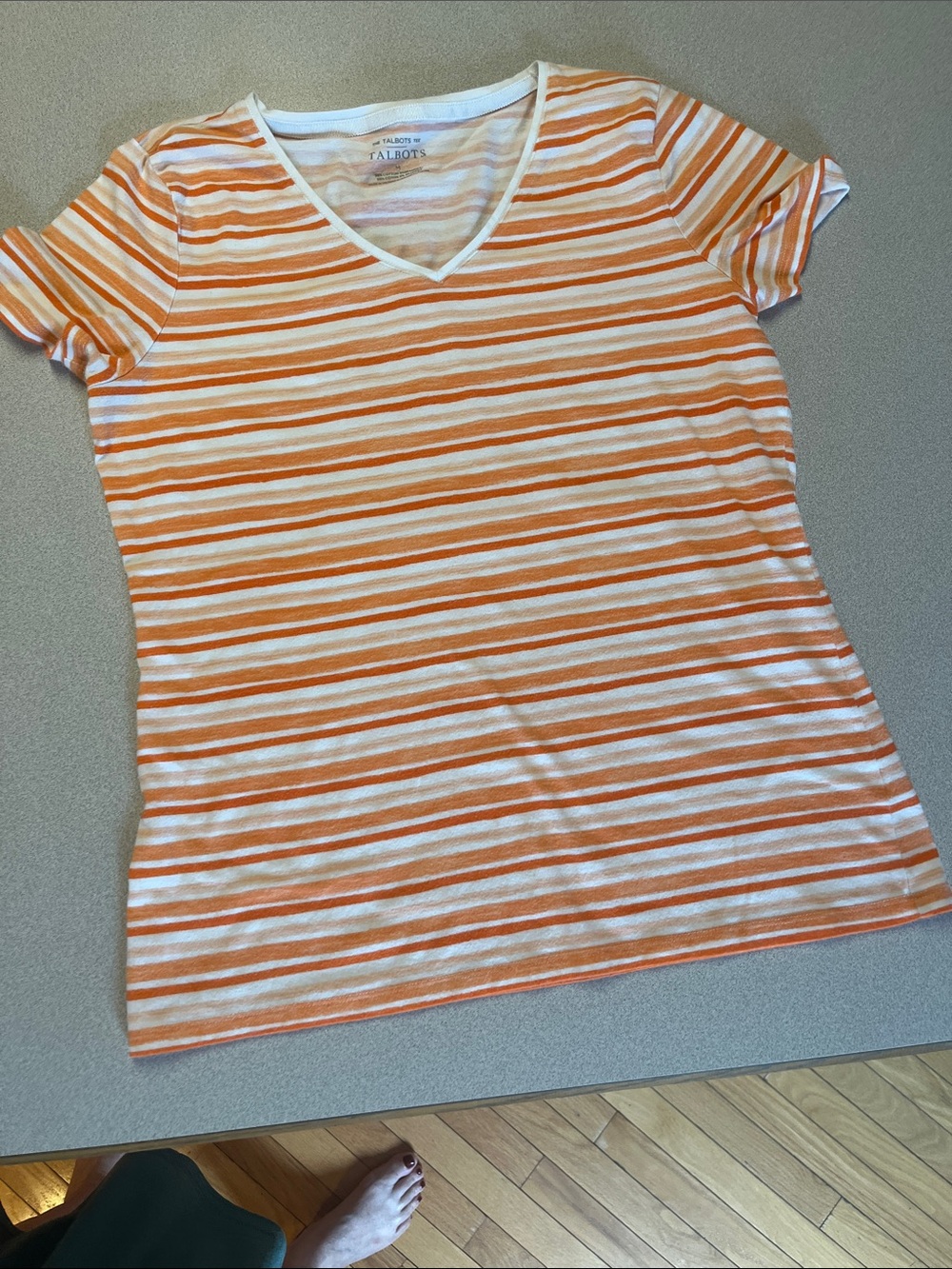 Talbots Orange and White Striped V-Neck Short Sleeve Tee